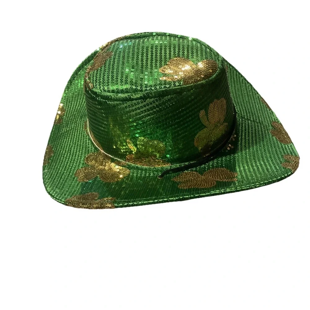 St. Patrick's Day Sequined Cowboy Hat Adult Size Fits Most Plush & Fabric Green